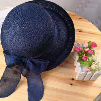 Διακόσμηση με κορδέλα με παπιγιόν Ψάθινο καπέλο στρογγυλό καπέλο παραλίας Πτυσσόμενο γυναικείο αντηλιακό μεγάλο γείσο Αξεσουάρ μόδας καπέλο ταξιδιού