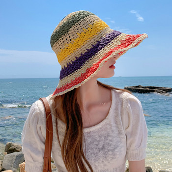 Καπέλο 100% Raffia Rainbow για κορίτσια με φαρδύ γείσο καλοκαιρινά καπέλα με δισκέτα για γυναικεία καπέλο παραλίας Panama με ψάθινο κουβά καπέλο γυναικείο καπέλο από σκιά
