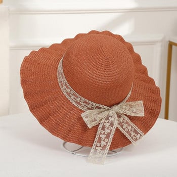 Дамски момичета Сламена шапка с дантела Голяма широка периферия Слънчева плажна шапка Принцеса Момиче Лятна панамска шапка и преносима ръчна чанта