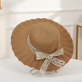 Дамски момичета Сламена шапка с дантела Голяма широка периферия Слънчева плажна шапка Принцеса Момиче Лятна панамска шапка и преносима ръчна чанта