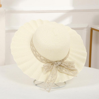 Ψάθινο καπέλο για κορίτσια με δαντέλα Μεγάλο φαρδύ γείσο Καπέλο παραλίας Πριγκίπισσα Κορίτσι Καλοκαίρι Παναμά Καπέλο και φορητή τσάντα