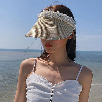 Едноцветна слънцезащитна дантелена сламена тъкана дишаща перлена шапка