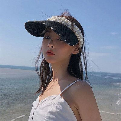 Ühevärviline päikesekaitsekreem, pitsiline õlgkootud hingav pärlmüts