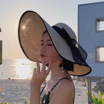 Πτυσσόμενο με φαρδύ χείλος δισκέτα ψάθινο καπέλο για κορίτσια Γυναικεία καπέλο ηλίου παραλίας UV Protect Καπάκι ταξιδιού Γυναικεία καπέλα Καλοκαίρι Νέο