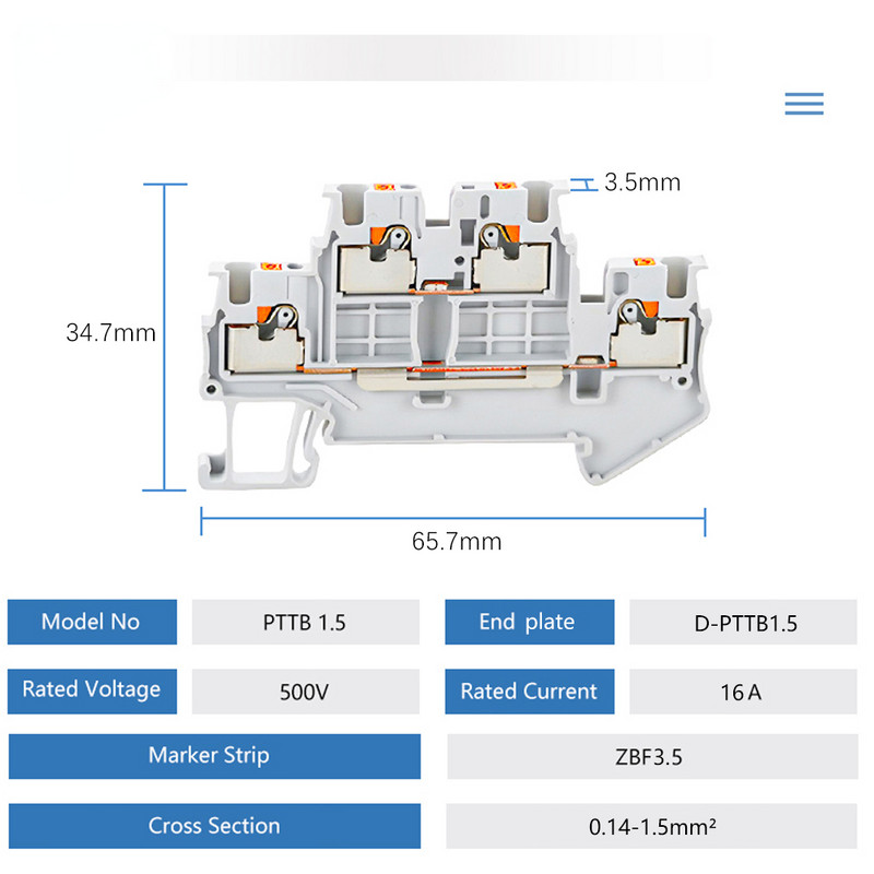 10 komada steznog bloka DIN tračnice PTTB-1.5 Električni konektor 1.5 mm Dvostruki sloj opružnog ožičenja Povezivanje žice vodiča PTTB1.5