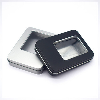 Метална тенекиена кутия с дизайн на кърлинг, черна тенекиена кутия с плосък капак, прозрачен прозорец, горна част, прозрачен PVC дозатор, настолен органайзер