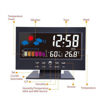 Οθόνη οπίσθιου φωτισμού LCD Εσωτερικού μετεωρολογικού σταθμού Ξυπνητήρι Ώρα/Ημερομηνία/Εβδομάδα/Ξυπνητήρι/Θερμοκρασία/Υγρασία/Καιρός/Αναβολή Οθόνη Διακόσμηση σπιτιού