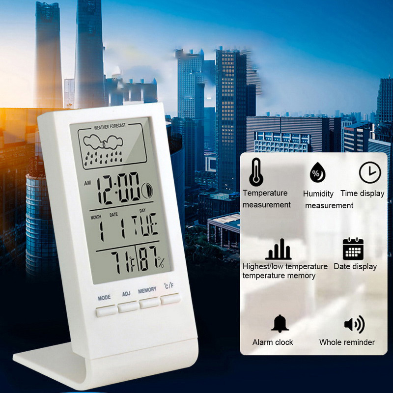 Digitálny LCD vnútorný teplomer, vlhkomer, budík, kalendár, meteorologická stanica, stolové hodiny, teplomer, vlhkomer, barometer