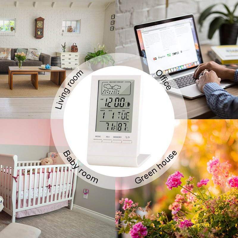 Digitálny LCD vnútorný teplomer, vlhkomer, budík, kalendár, meteorologická stanica, stolové hodiny, teplomer, vlhkomer, barometer