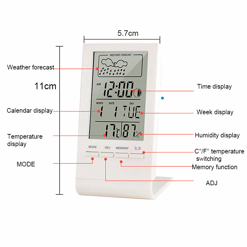 Digitálny LCD vnútorný teplomer, vlhkomer, budík, kalendár, meteorologická stanica, stolové hodiny, teplomer, vlhkomer, barometer