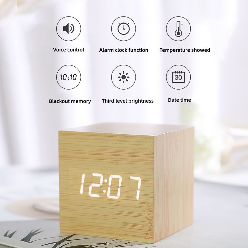 Kvadratni, svjetleći, digitalni, drveni LED višenamjenski stolni elektronski sat s USB/AAA napajanjem, ukras za spavaću sobu