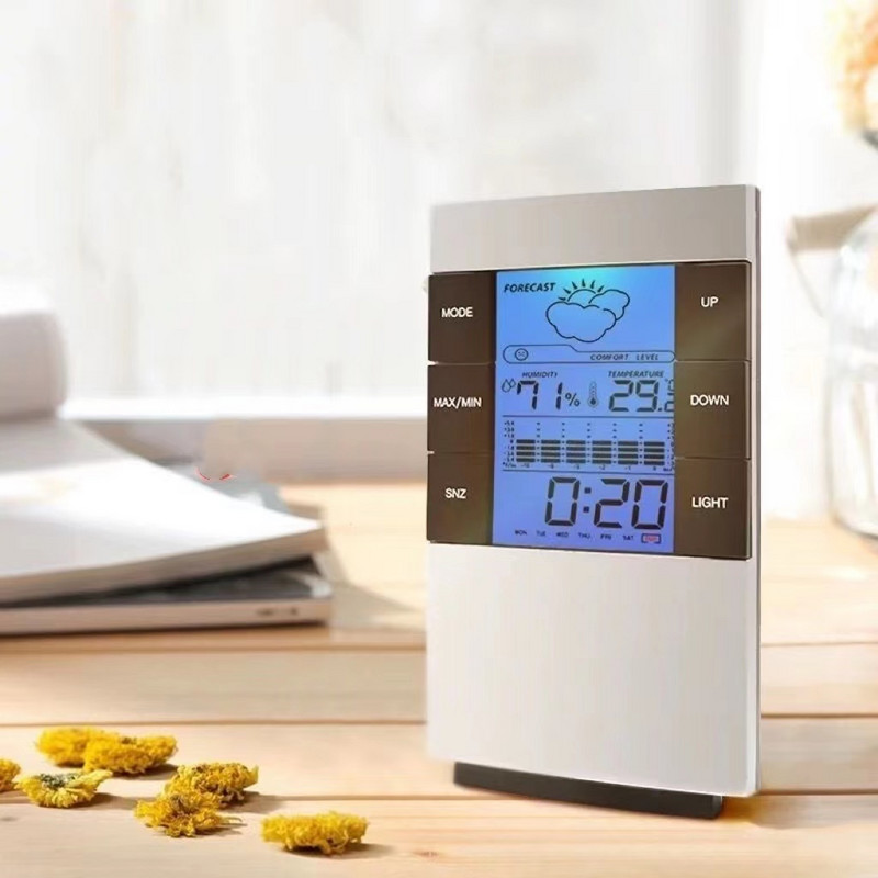 Digitálny stolový budík s kontrolkou odloženia, kalendár, teplota a vlhkosť, elektronické hodinky do spálne, napájané z batérie, stolný počítač