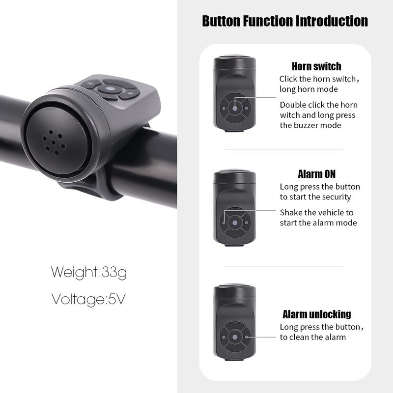 USB įkraunamas dviračio motociklo elektrinis varpelio garsinis signalas, 4 režimai, dviračių važiavimas kalnų plente Apsaugos nuo vagystės signalizacijos garso signalo dviračio priedai