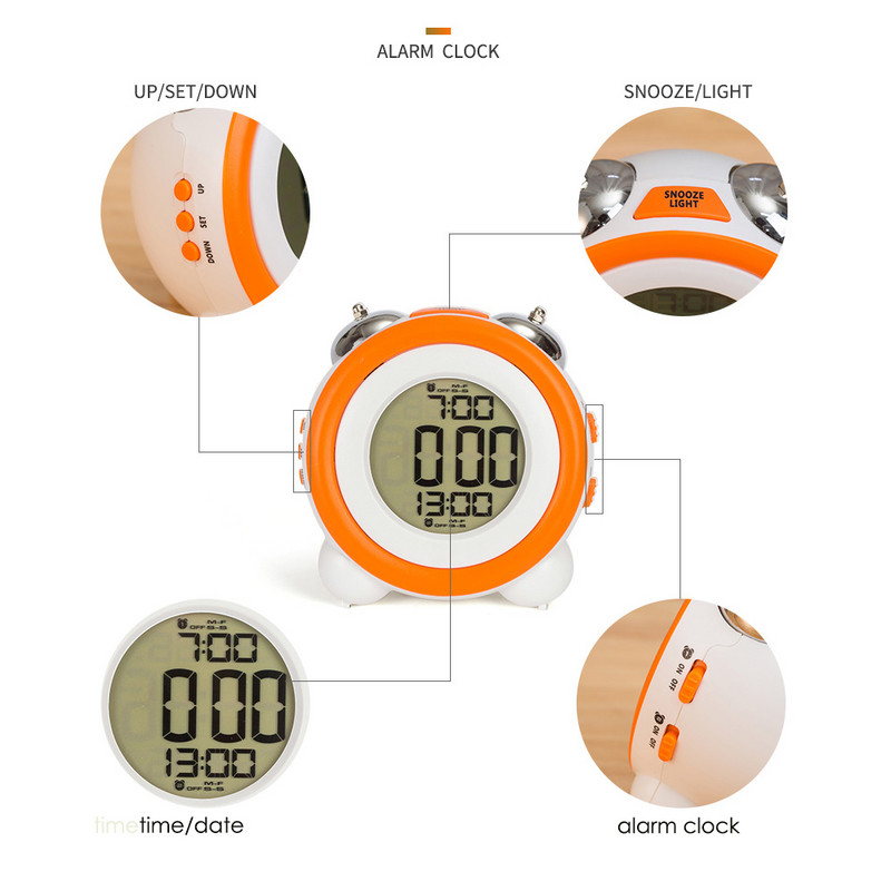 Kreatív, 4 hüvelykes ABS asztali digitális ébresztőóra dupla csengő színváltóval, éjszakai fény, nagy hangú ébresztőóra
