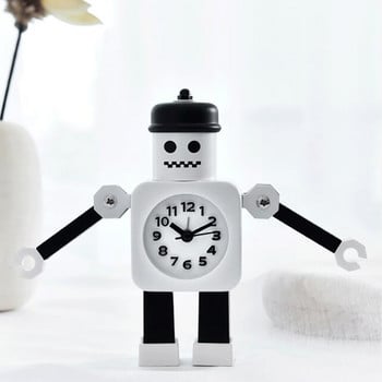 Метален робот-будилник Безшумен настолен аналогов часовник с ръчни щипки Декоративен часовник за детска спалня, Страхотен подарък, черен, бял
