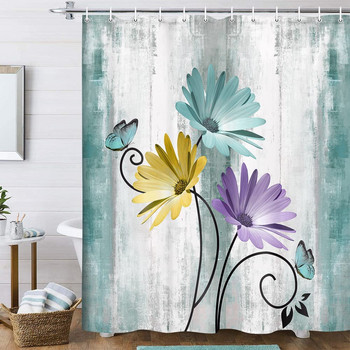 Teal Large Daisy Floral and Butterfly κουρτίνα μπάνιου Τυρκουάζ κουρτίνα μπάνιου Αδιάβροχη διακόσμηση μπάνιου με γάντζους