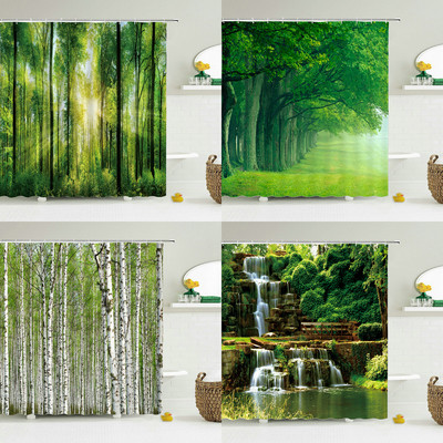 Modern erdei zuhanyfüggöny Zöld növény fa táj zuhanyfüggöny Fürdőszoba Vízálló fürdőszoba dekor cortina de la ducha