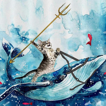 Αστεία κουρτίνα μπάνιου με σκιά ντους Cat με Cat Riding Shark Quick Dry Washable Αδιάβροχη και αναπνεύσιμη σκιά ντους για Privac