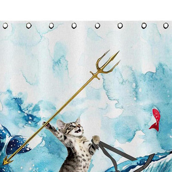 Αστεία κουρτίνα μπάνιου με σκιά ντους Cat με Cat Riding Shark Quick Dry Washable Αδιάβροχη και αναπνεύσιμη σκιά ντους για Privac