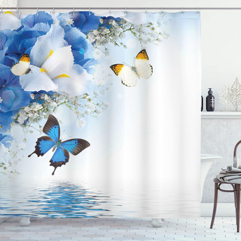 Цвете Пеперуда Завеса за душ Цветни растителни листа Завеса за баня Творческа баня Водоустойчива декорация от плат с куки