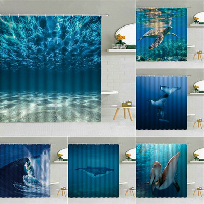 Син океан подводен плажен пейзаж душ завеса делфин костенурка кит животно баня декорация кука завеса
