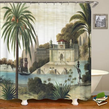 Завеса за душ с палмови листа от тропическо растение Древна печатна завеса за баня Завеса за баня Полиестер Водоустойчиви Куки за домашен декор за баня
