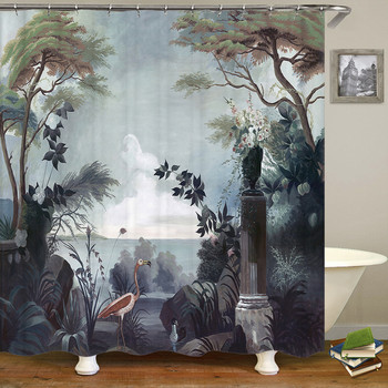 Завеса за душ с палмови листа от тропическо растение Древна печатна завеса за баня Завеса за баня Полиестер Водоустойчиви Куки за домашен декор за баня