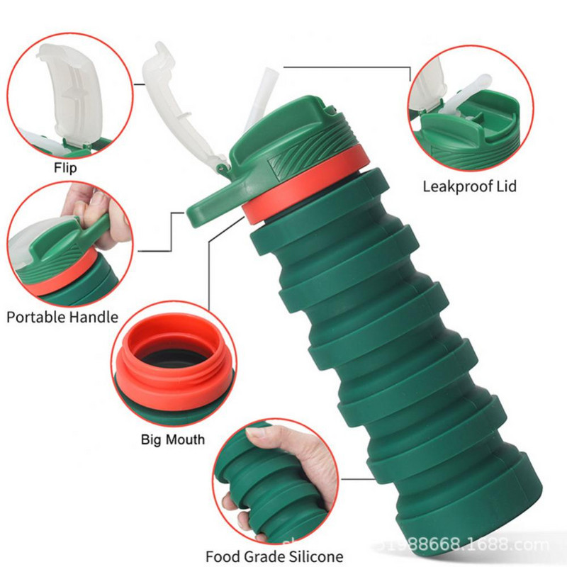 Uus 550 ml kaasaskantav kokkupandav veepudel, silikoonist kokkupandav kaanega kokkuklapitav tass välireisidele mõeldud veetassis spordijõusaalijooks