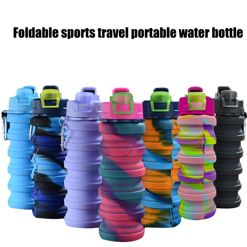 Uus 500 ml kaasaskantav sissetõmmatav silikoonpudel Kokkupandav veepudel õues sõitmiseks mõeldud joogitops karabiiniga kokkupandava tassiga