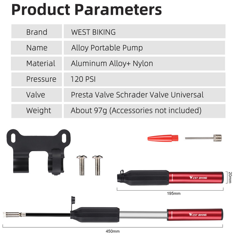 WEST BIKING 120PSI Pumpa za gume za bicikle Prijenosna pumpa za napuhavanje bicikla Teleskopska pumpa za napuhavanje guma za bicikle Ručna pumpa Dodatak za biciklizam