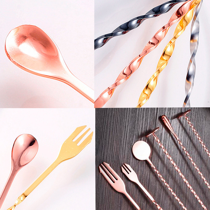 Неръждаема стомана Rose Gold Black Sliver Бар Лъжици Миксер за коктейлни напитки Muddler Цедка за лед Коктейл Шейкър