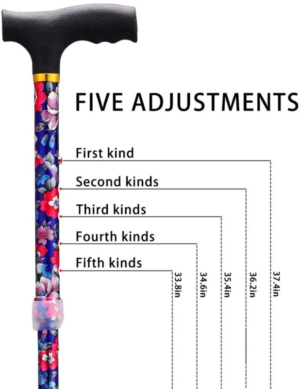 Könnyű összecsukható sétapálcák idős idősek számára, teleszkópos, 17 hüvelykes, állítható, összecsukható, virágos fémbotos sétapálcák túrázáshoz