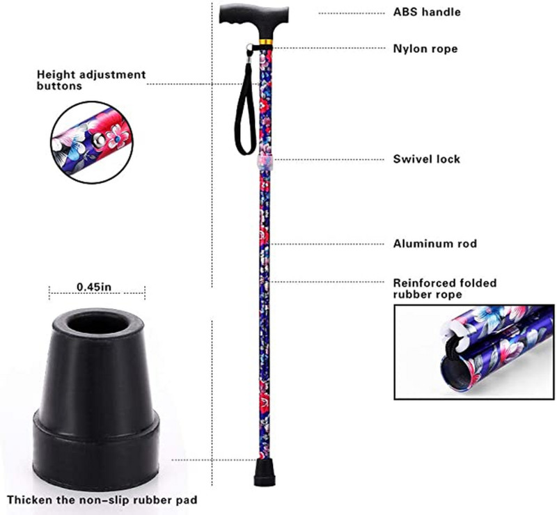 Könnyű összecsukható sétapálcák idős idősek számára, teleszkópos, 17 hüvelykes, állítható, összecsukható, virágos fémbotos sétapálcák túrázáshoz
