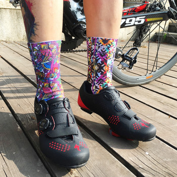 Мъжки, дамски пенирани памучни колоездачни чорапи с щампован модел Дишащи велосипедни велосипедни MTB бягащи баскетболни спортни чорапи