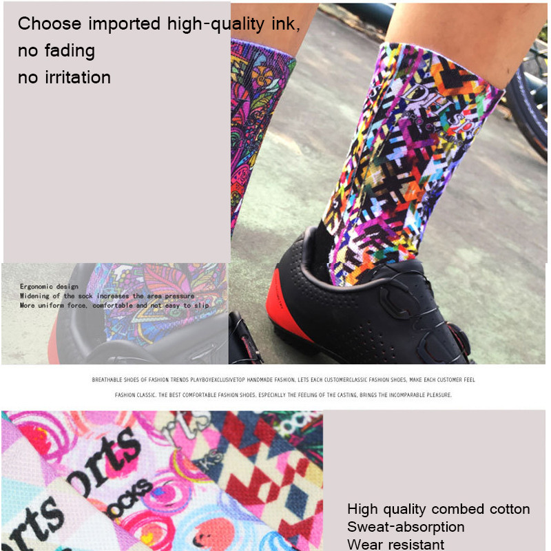 Ανδρικές Γυναικείες χτενισμένες βαμβακερές κάλτσες ποδηλασίας με μοτίβο εκτύπωσης αναπνεύσιμο ποδήλατο ποδήλατο MTB αθλητικές κάλτσες μπάσκετ για τρέξιμο