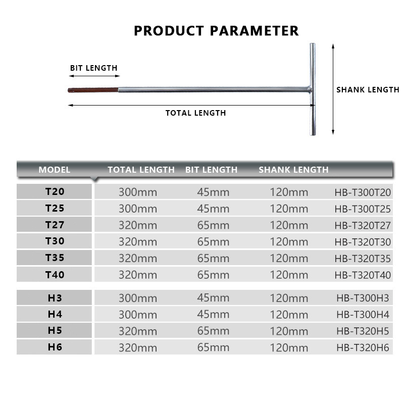 Naujas pailgintas T formos šešiabriaunis veržliaraktis 300/320 mm Torx šešiabriaunis veržliaraktis vidinis veržliaraktis T20-T40 H3-H6 rankinio remonto įrankiai namų automobiliui