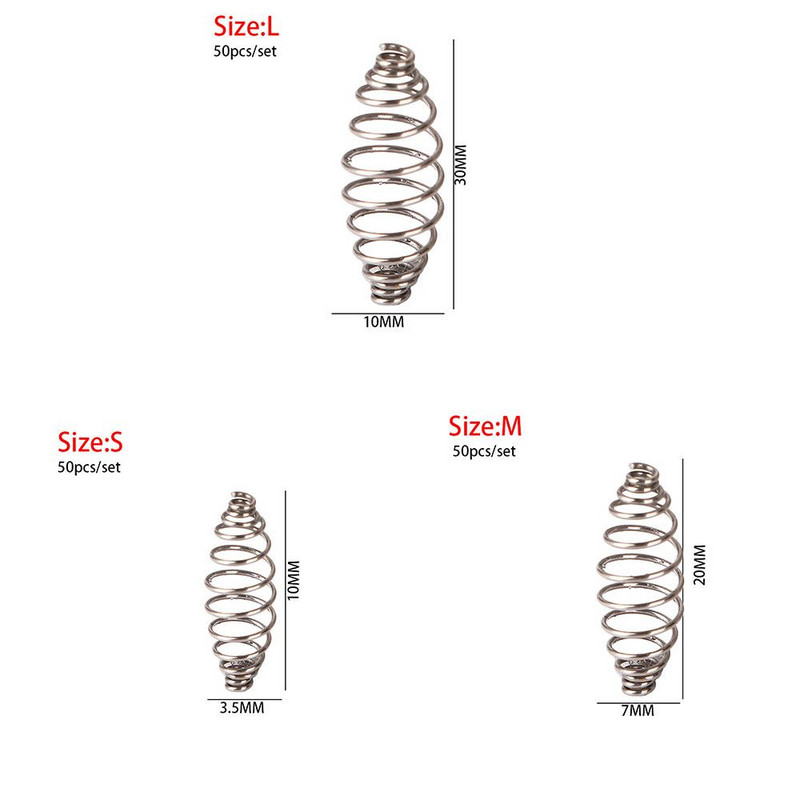 50 vnt./stal. Nerūdijančio plieno spyruoklinis masalas Kabantys reikmenys tiektuvas alyvuogių formos narvelio plaukų įtaisas, kombinuotas plūduriuojantis tiektuvas Karpių žvejybos įrankiai