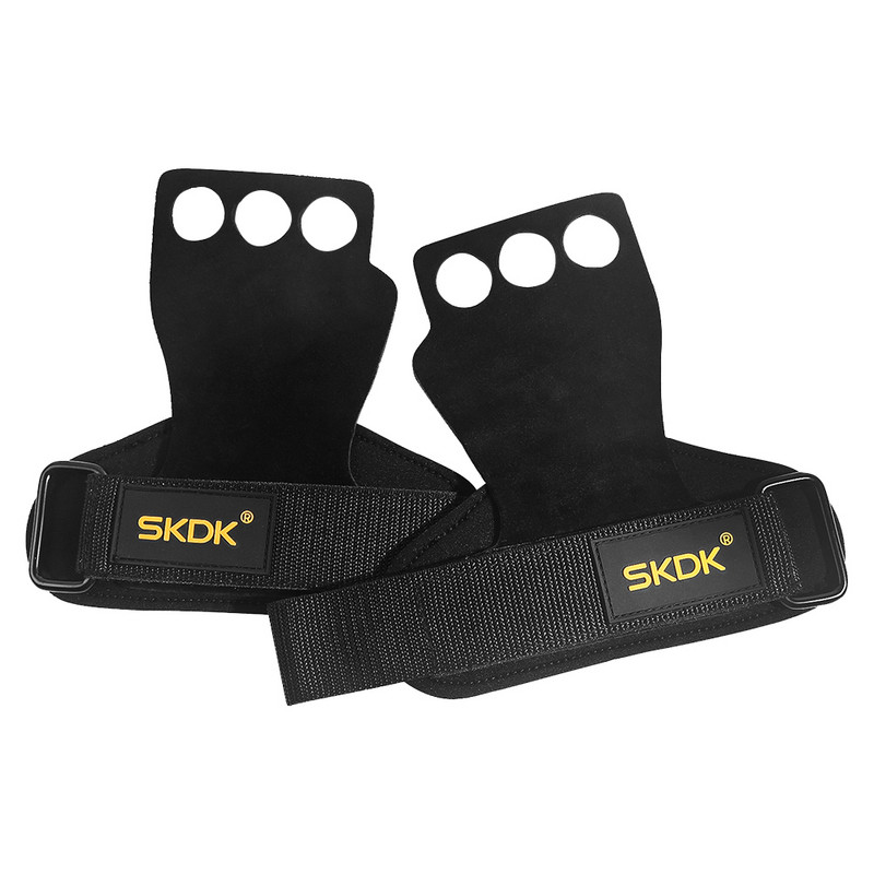 Treniruoklių salės rankenos delnų apsaugos Trijų pirštų skylučių rankos delno apsauga, neslysta iš karvės odos, reguliuojama, kad būtų galima treniruotis su traukimo varpeliais