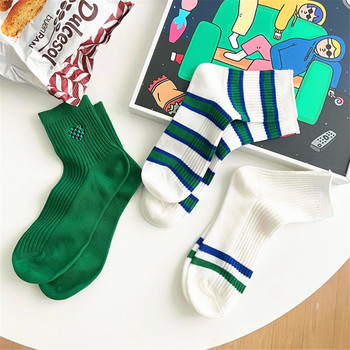 2023 Нови раирани чорапи с двойна игла Дамски бродирани зелени памучни чорапи Двойки Скейтборд Сокс