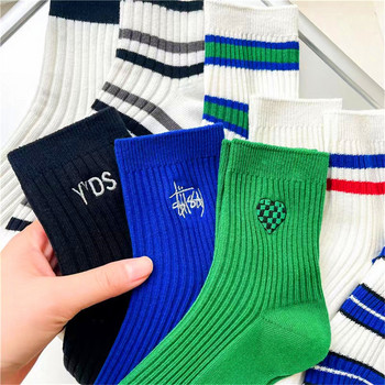 2023 Нови раирани чорапи с двойна игла Дамски бродирани зелени памучни чорапи Двойки Скейтборд Сокс