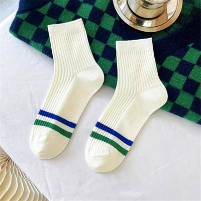 2023. aasta uued topeltnõelaga triibulised sokid naistele, tikitud rohelised puuvillased sokid, paarid, Rula Sox