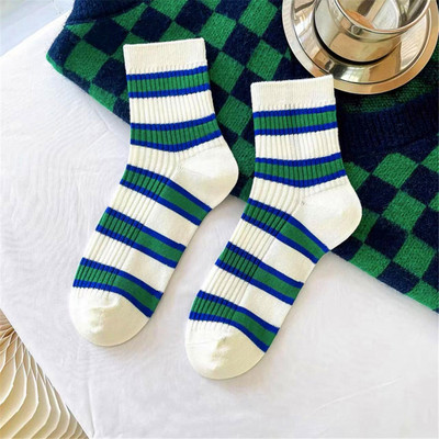 2023. aasta uued topeltnõelaga triibulised sokid naistele, tikitud rohelised puuvillased sokid, paarid, Rula Sox