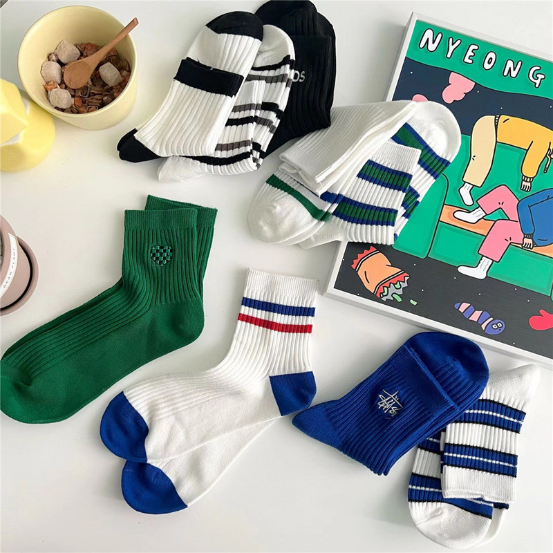 2023. aasta uued topeltnõelaga triibulised sokid naistele, tikitud rohelised puuvillased sokid, paarid, Rula Sox