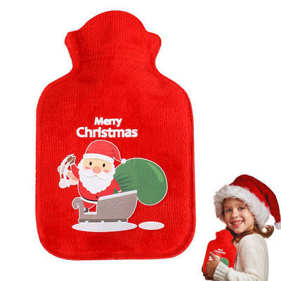 Geantă reutilizabilă de iarnă, căldură caldă, pentru mâini, PVC, pentru ameliorarea durerii, terapie pentru sticlă de apă caldă, cu capac moale tricotat de Crăciun.