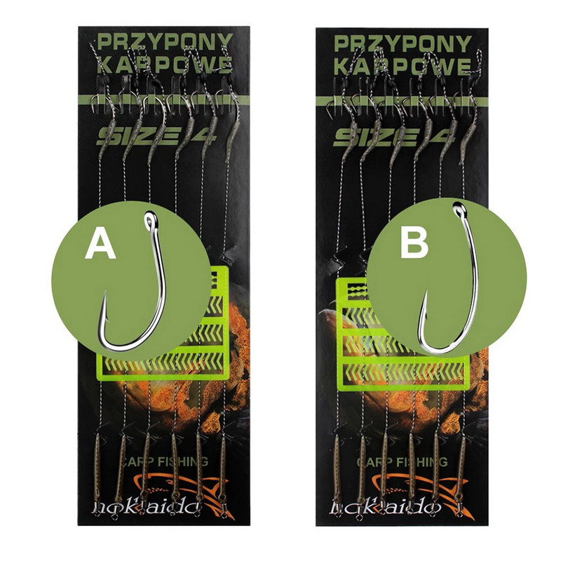 6 vnt. „Leader“ karpių žvejybos kabliukai plaukų įtaisai su pynimo lynu, paruošti boiliukai, surišti šėryklos grupės spygliuotų kabliukų priedai