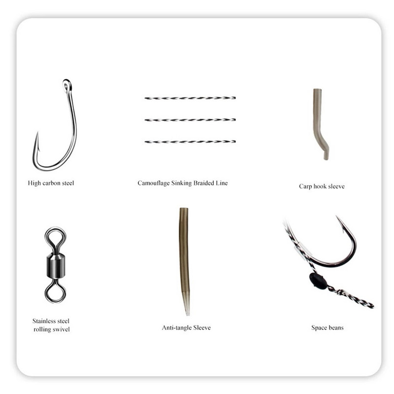 6 vnt. „Leader“ karpių žvejybos kabliukai plaukų įtaisai su pynimo lynu, paruošti boiliukai, surišti šėryklos grupės spygliuotų kabliukų priedai