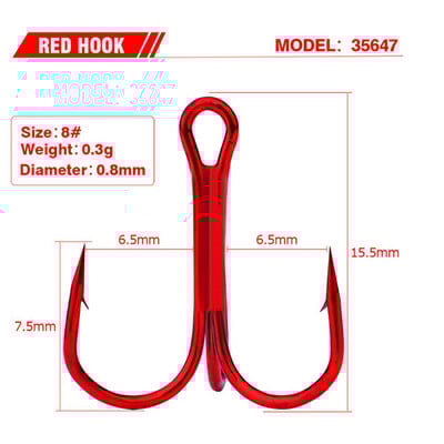 20 tk/partii Punased õngekonksud kõrge süsinikusisaldusega terasest kolmikkonks merevee bassipüügitarvetele Pesca 2/4/6/8/10#