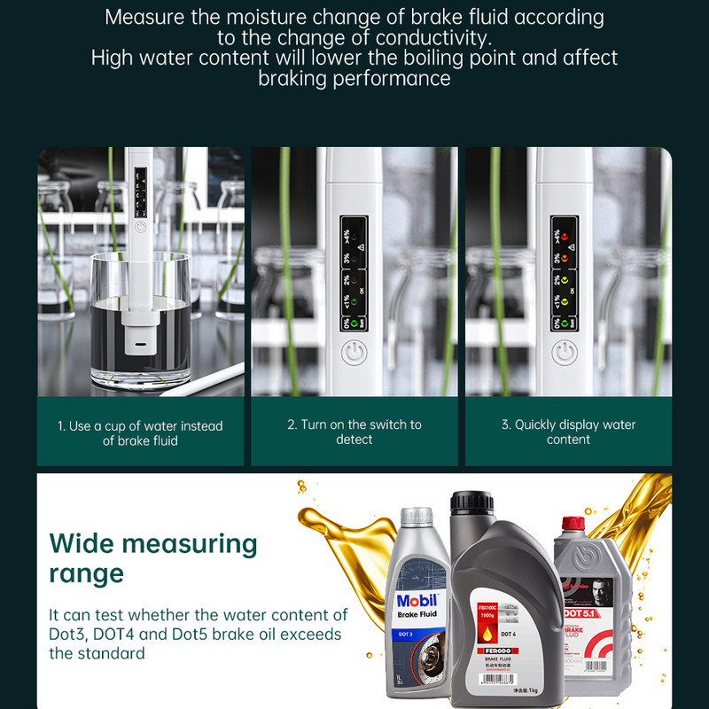 Naujas stabdžių skysčio testeris, tikslios alyvos kokybės LED stabdžių skysčio skysčio testavimo rašiklis su 5 šviesos diodų universaliu baterijos bandymo indikatoriaus rašikliu