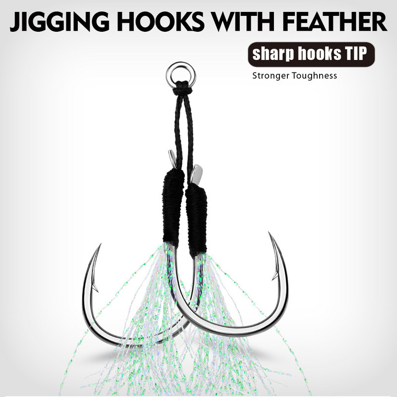 5paari/partii 11#-20# Jigging Assist Hook Kärbseõngekonks, Okastega topeltteravad konksud koos keermega sulgedega mereõngekonksu kalastustarbed