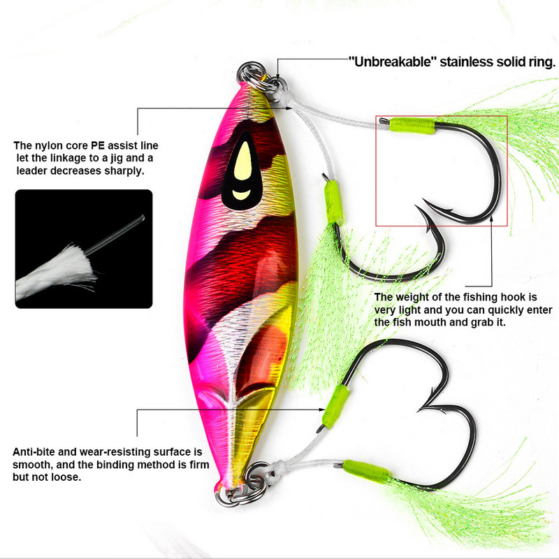 2 poros / partijos Dvigubi Jigs Didelės anglies plieno Žvejyba Plokščias Aštrus Pagalbinis Kabliukas Žvejybos masalas Lėtas Jigging Lietas Spygliuotas su plunksnų kabliukais